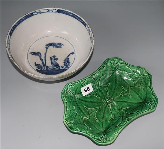 An English Delft ware bowl and a Wedgwood greenware dish